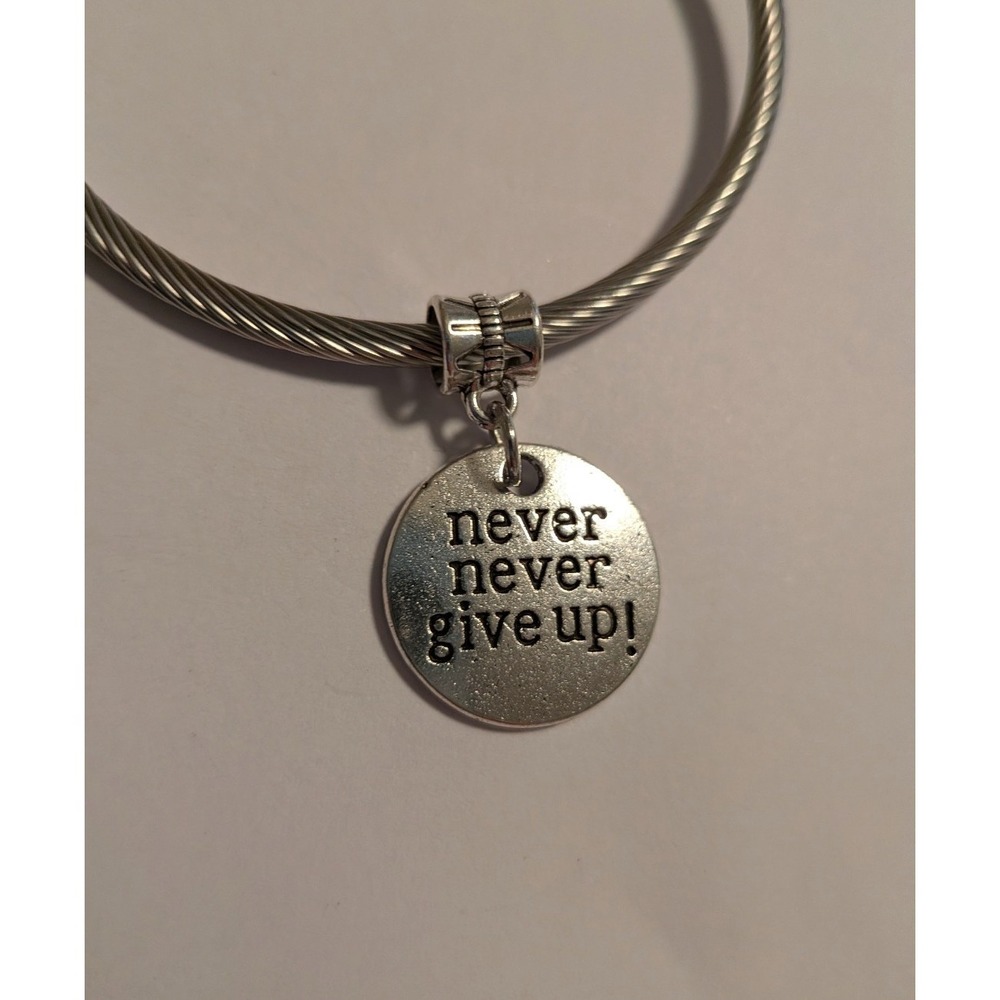 Never Never Give Up Inspirational Cable Bangle Bracelet Silver Charm